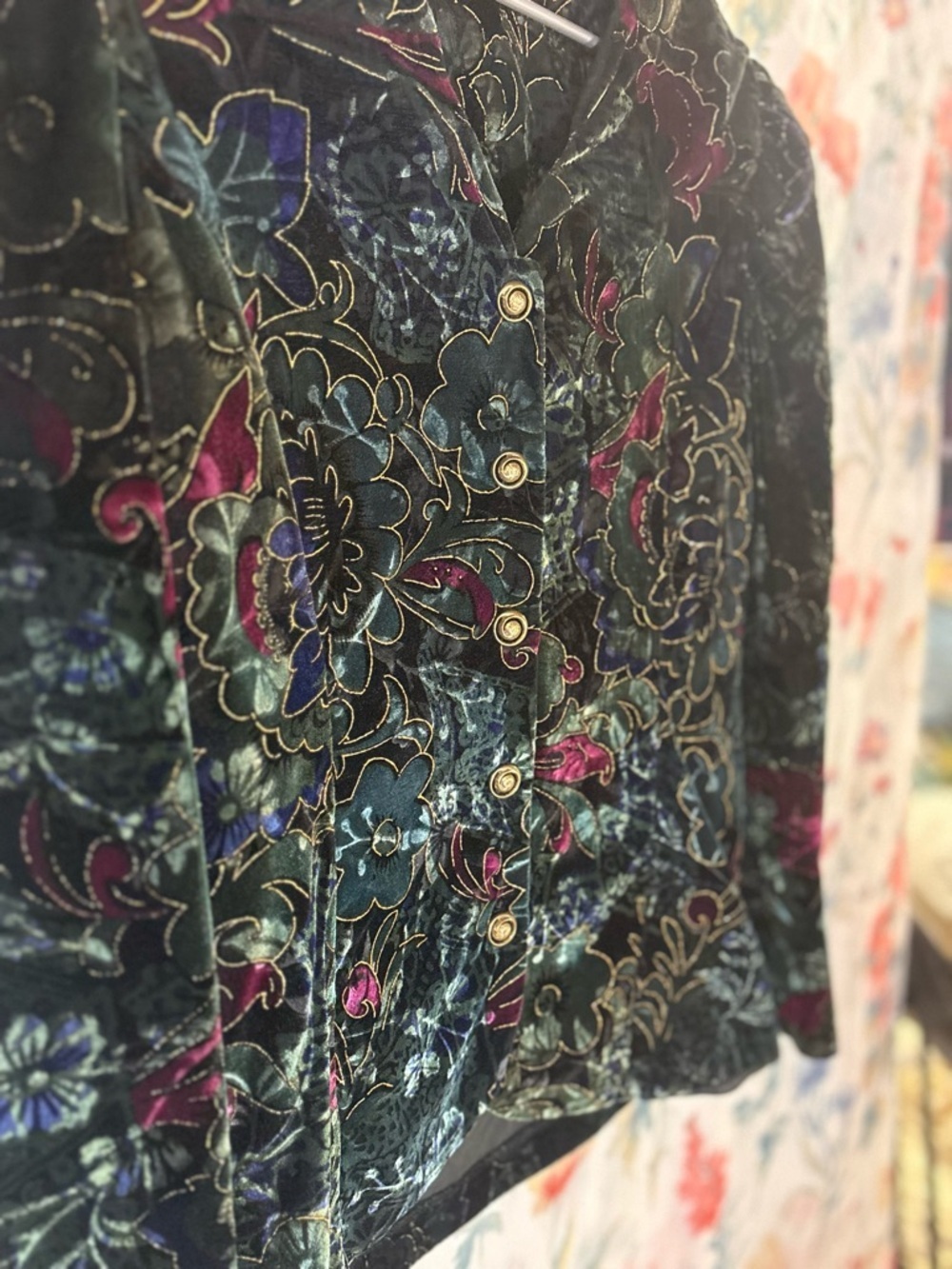 Vintage Velvet Floral Button-Front Jacket in Deep Jewel Tones - Picture 3 of 9